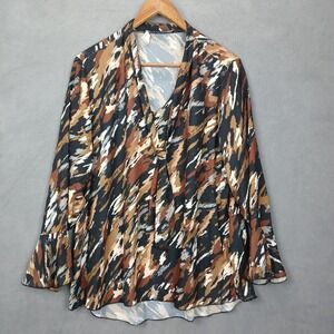 Insight Blouse Top Women XL Multicolor Abstract Twist Detail V Neck Bell Sleeves